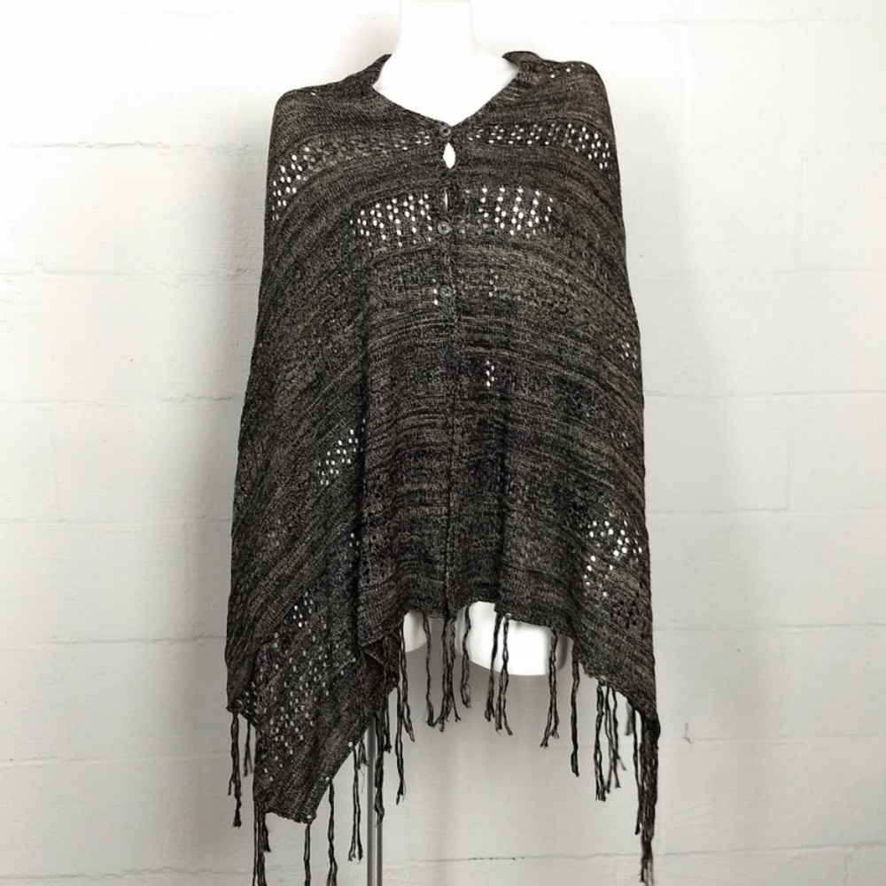 Soft poncho sweater scarf buttons fringe poncho